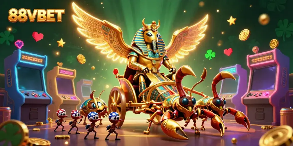 88VBET illustration featuring a golden scarab beetle and scorpions immersed in a vibrant casino environment.