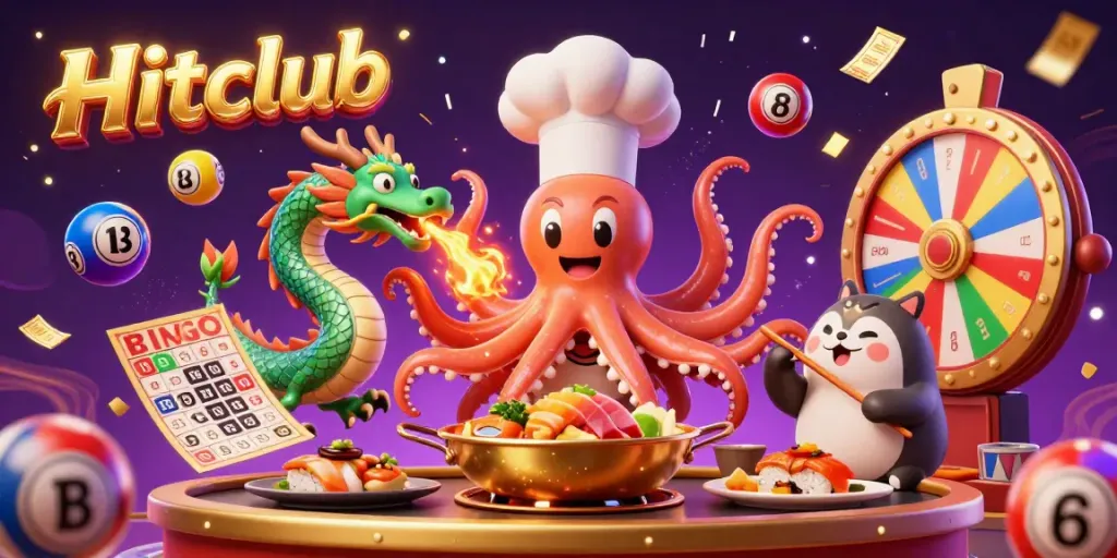 Experience thrilling gaming at Hitclub with a colorful casino scene featuring animated characters, golden prizes, and lottery elements.