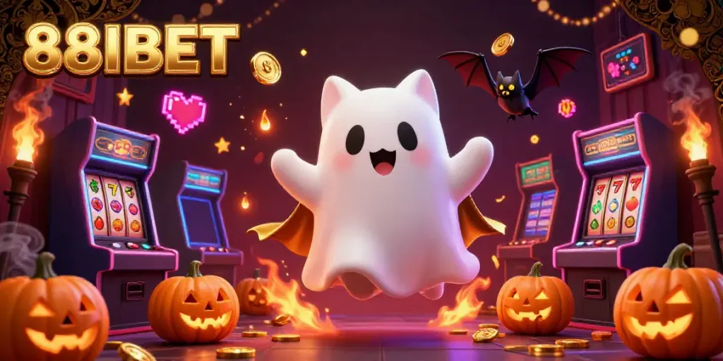 Engage with 88IBET in a vibrant haunted casino scene featuring a friendly ghost cat, golden bat, and glowing jack-o-lanterns.