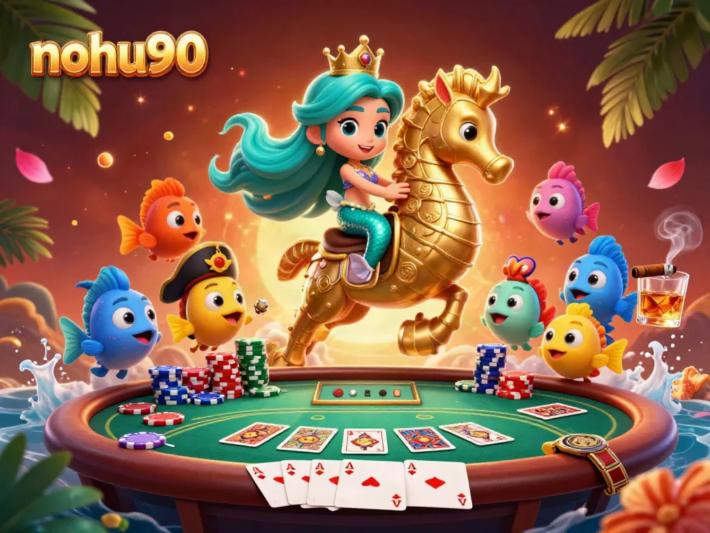 Explore nohu90's vibrant gambling scene with a mermaid riding a seahorse at a poker table.