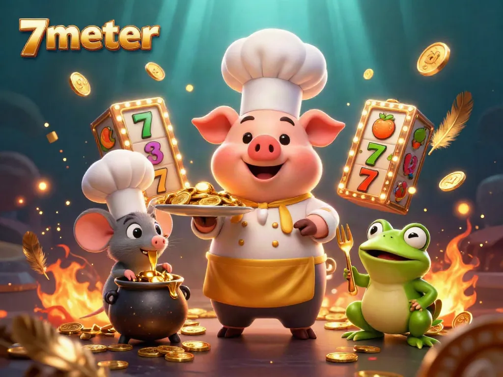 Experience the excitement of 7meter with vibrant slot reels and cheerful characters in a dynamic casino setting.