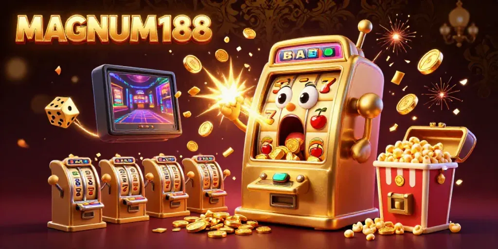 Celebrate jackpots with MAGNUM188 as cartoon slot machines win coins in a vibrant casino scene.