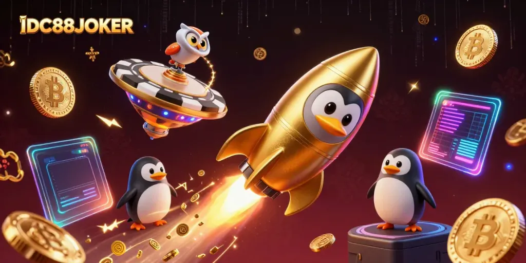 Play and win at IDC88JOKER with a vibrant 3D scene featuring a golden penguin and casino elements.