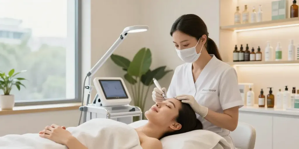 Client experiencing Augenringe entfernen treatment in a modern beauty clinic with warm lighting.