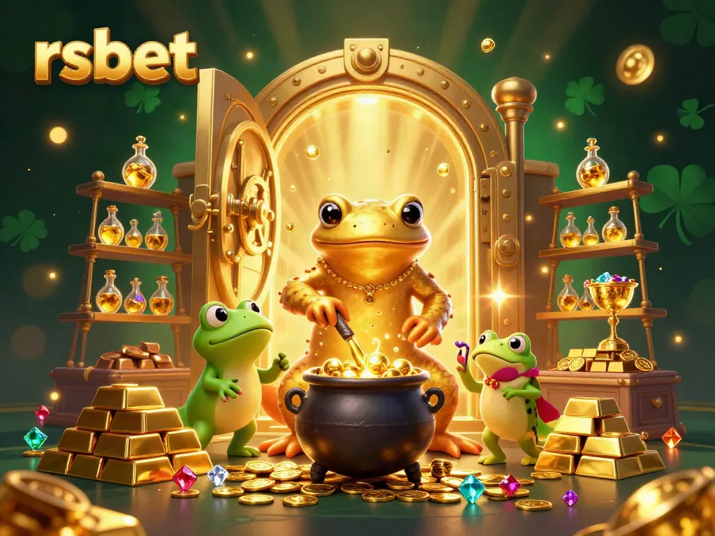 Win big with rsbet: a vibrant 3D scene of a golden salamander alchemist and a frog in a treasure-filled laboratory.