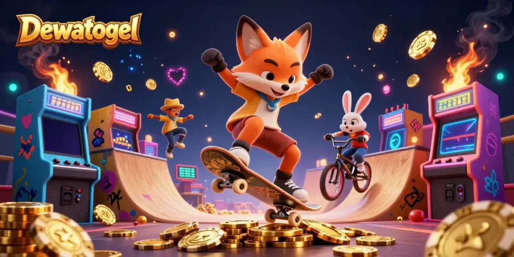 Dewatogel showcases an energetic scene with a skateboarder fox and BMX rabbit among vibrant casino elements.