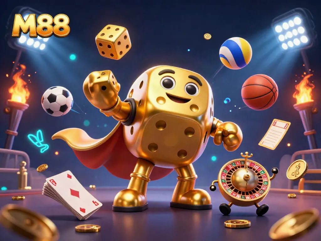 M88 themed 3D illustration with a golden dice golem and sports elements in a vibrant casino setting.