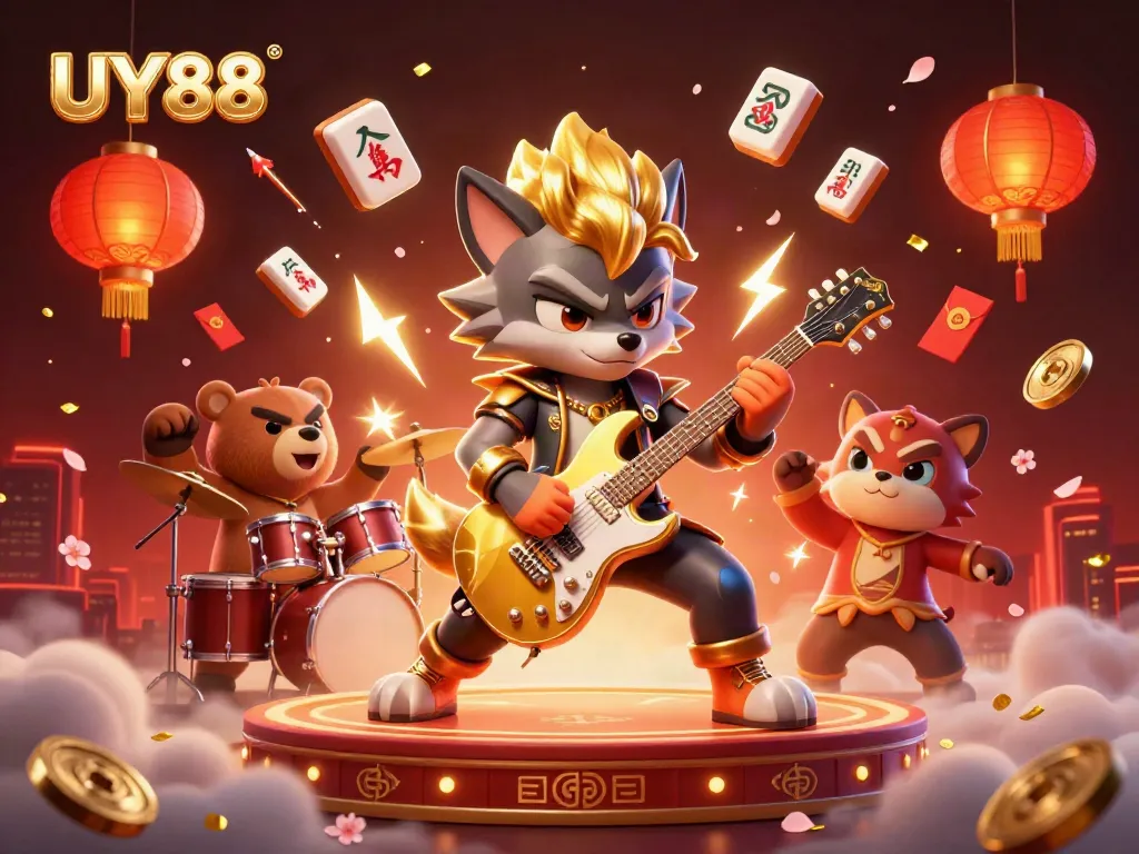 Experience the excitement of UY88 as a cartoon rock star wolf rocks out at a vibrant casino.