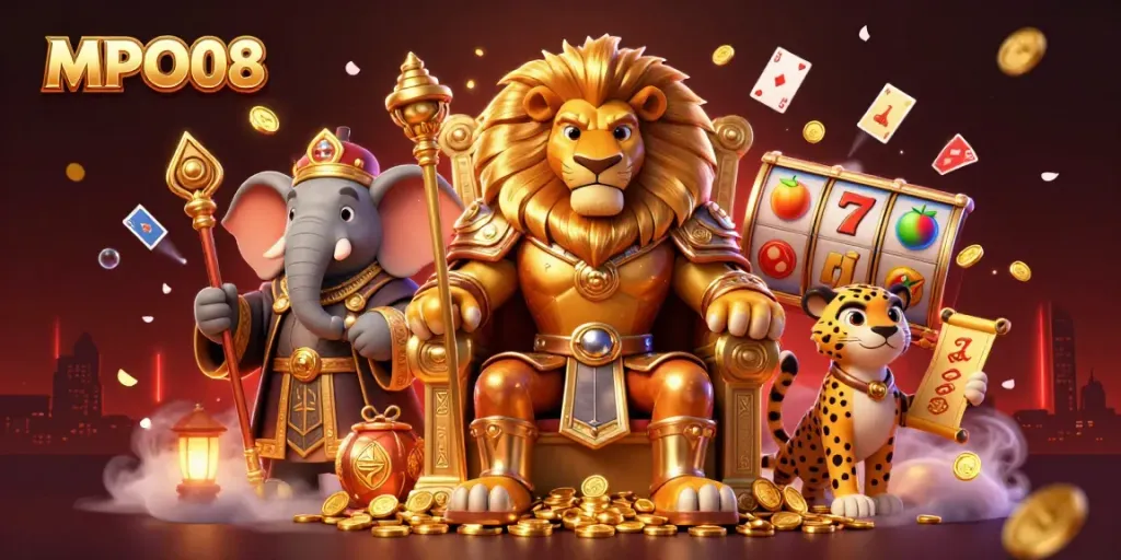 MPO08 showcases a fierce lion king on a golden throne among vibrant casino elements, promising gamblers exciting wins.