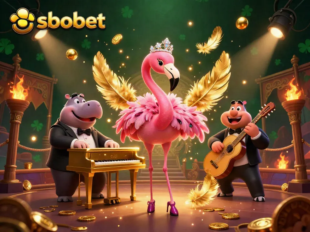 Bet on sbobet with excitement in a vibrant casino scene featuring lively characters and golden elements.