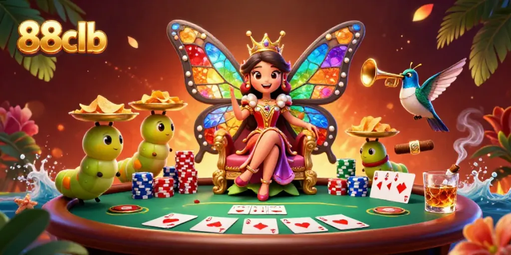 Experience vibrant gambling thrills at 88clb with a fantasy casino scene featuring colorful characters.