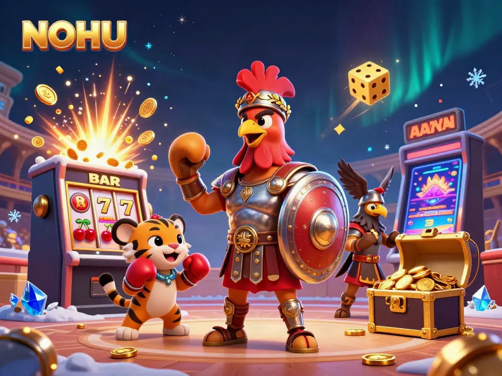 Engage in thrilling games at NOHU's vibrant 3D casino scene featuring a gladiator rooster and jackpot symbols.