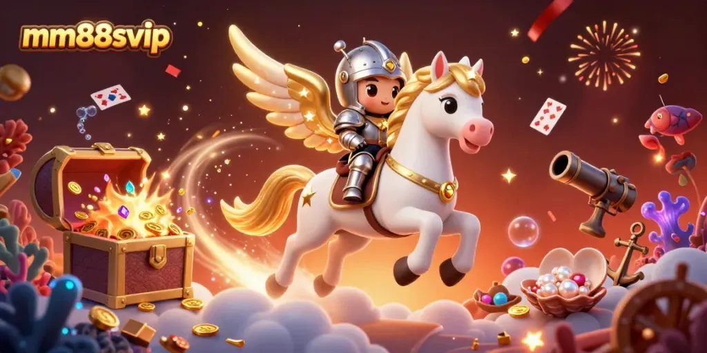 Experience thrilling gameplay with mm88svip as celestial characters gather surrounded by treasure and casino elements.
