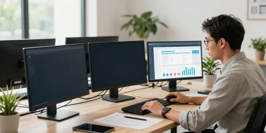 Digital marketing expert analyzing insanony insights in a modern workspace