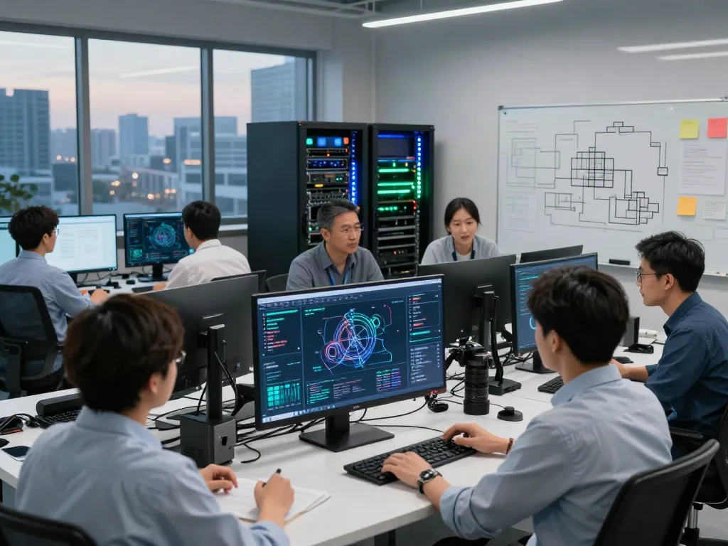 Engineers collaborating on AI infrastructure in a modern tech facility, showcasing real-time data visualizations.