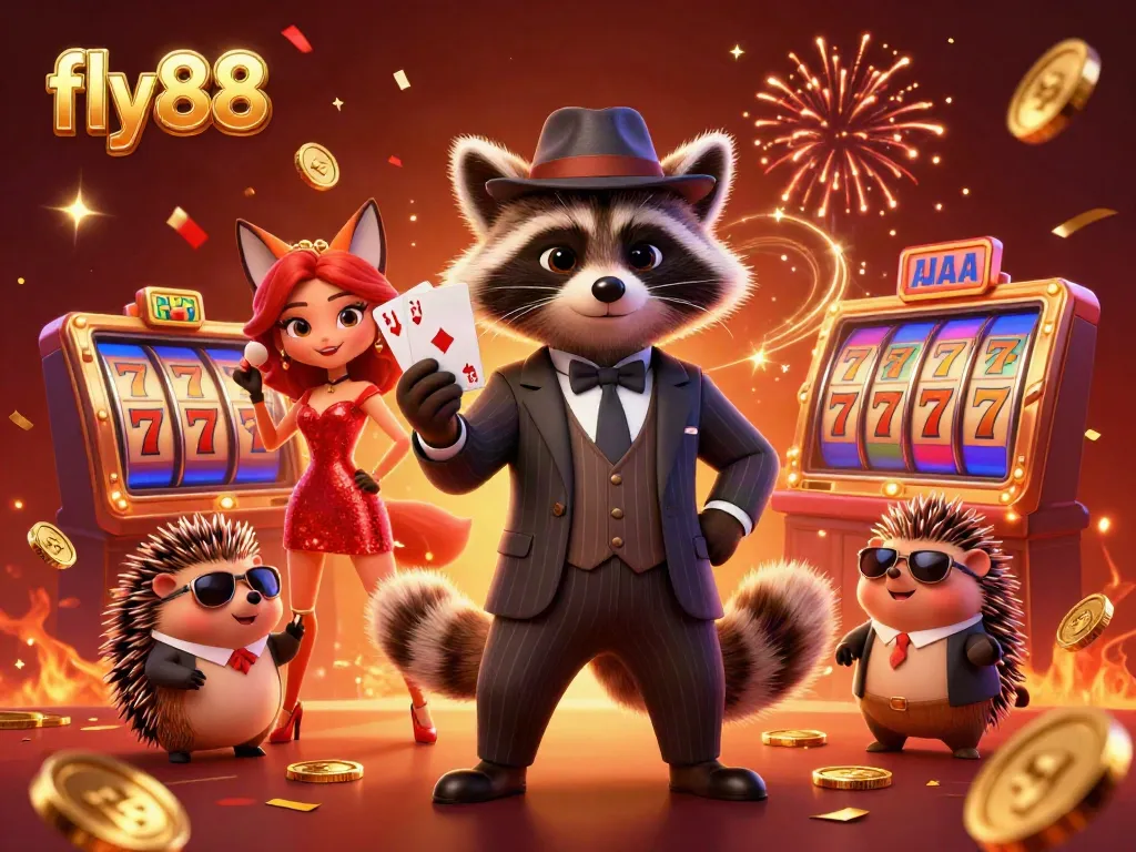 Experience the thrill of winning with fly88 as raccoon gentleman and friends celebrate a grand jackpot.