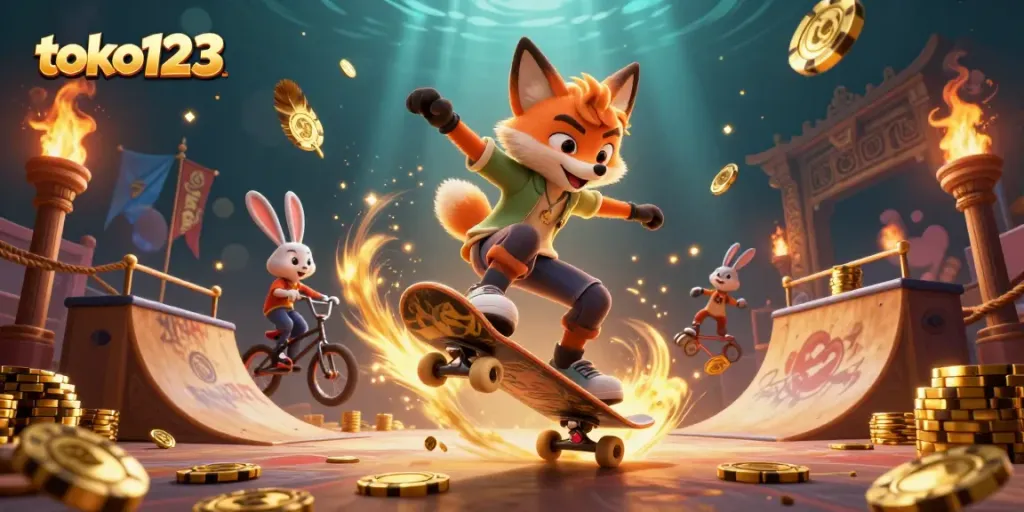 Engage with the dynamic world of toko123 as a fox performs tricks over poker chips amidst vibrant casino art.