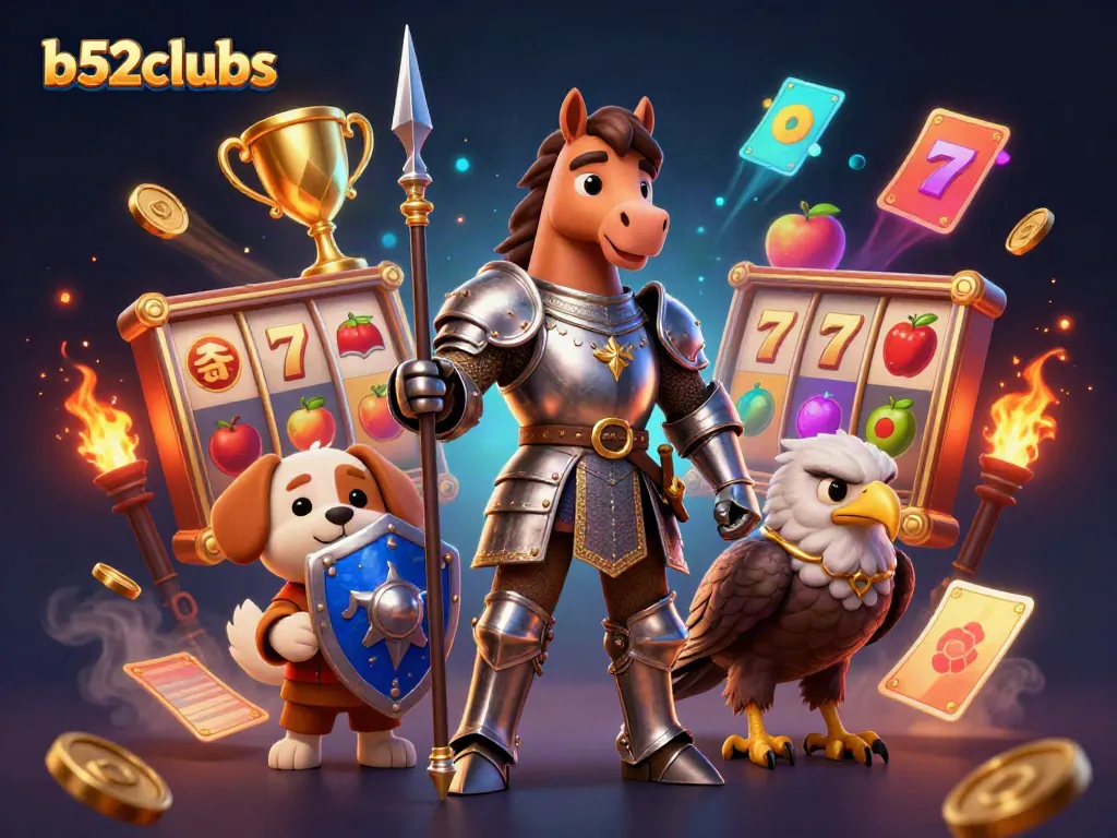 b52clubs offers exciting slot experiences with colorful symbols and dynamic elements in a vibrant casino scene.