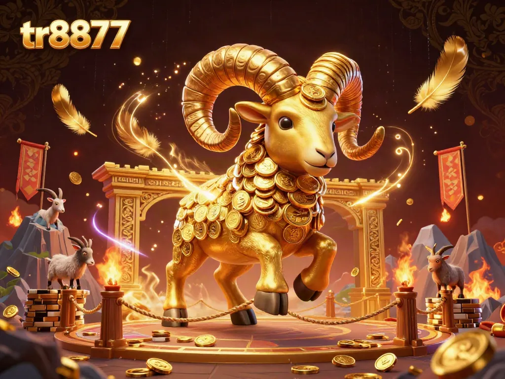 Experience dynamic gambling action with tr8877 showcasing a golden ram amidst rich casino elements.