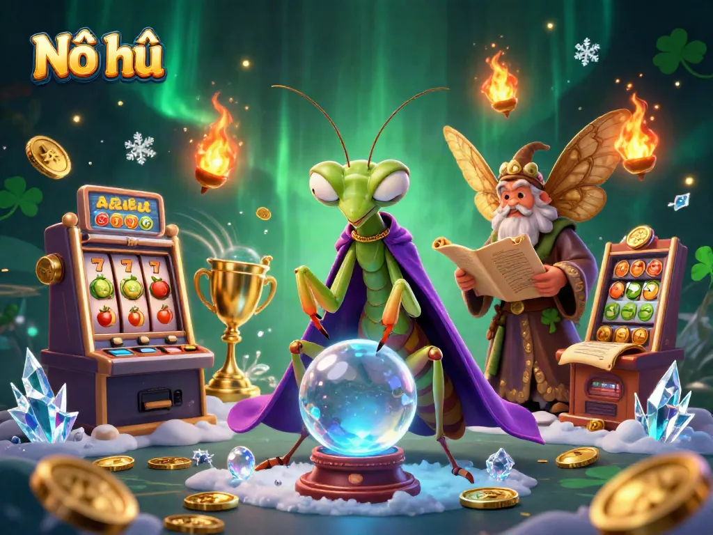 Nổ hũ slots illustration featuring whimsical characters and slot machine elements for an engaging casino atmosphere.