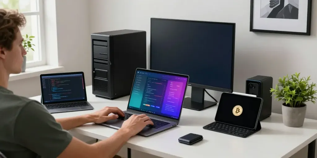 Developer utilizing an Anonymous VPS with Bitcoin for seamless server management in a modern workspace.