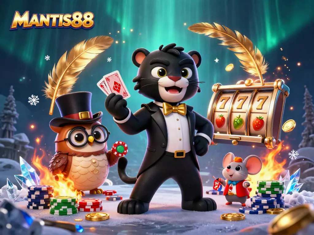 Experience the excitement of MANTIS88 casino with stylish characters and dynamic game elements in 3D art.
