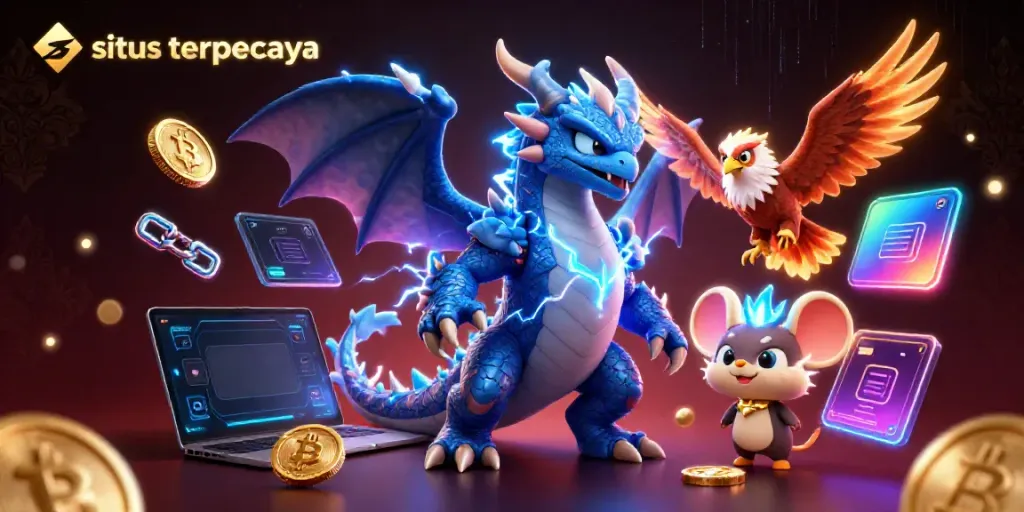 Gambarkan situs terpercaya dengan ilustrasi kasino 3D berwarna cerah dan karakter dinamis.