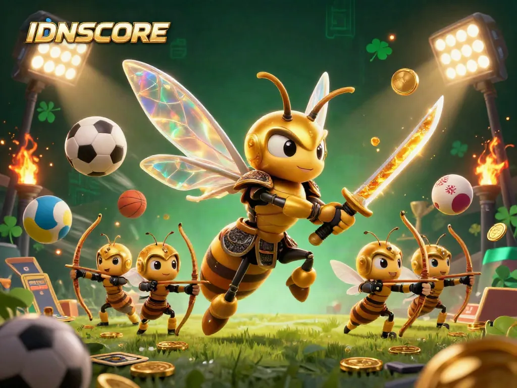 Experience thrilling gameplay at IDNSCORE with a vibrant scene of a golden hornet, sports elements, and excitement.