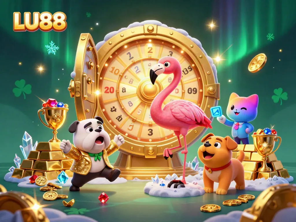 LU88 game show with flamingo host, bulldog contestant, and prizes in vibrant casino scene