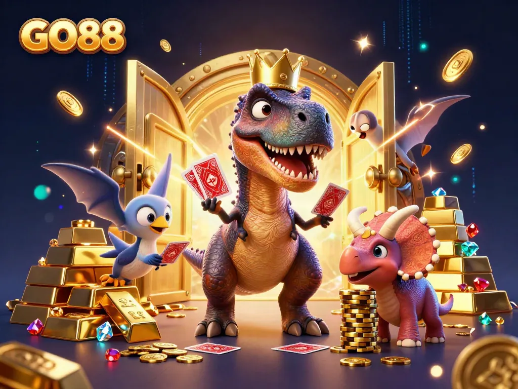 Engaging GO88 casino scene featuring a T-Rex shuffling cards, a helpful pterodactyl, and a baby triceratops stacking chips amidst treasures.