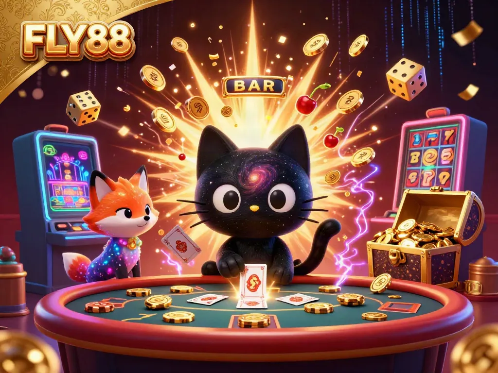 Engage with FLY88 in a cosmic casino setting filled with vibrant characters and dazzling game elements.