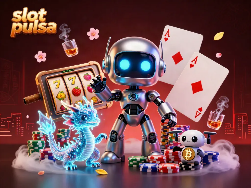 Tangkapan layar permainan slot pulsa dengan robot cyberpunk dan simbol keberuntungan di papan permainan.
