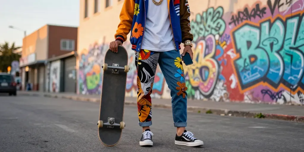 Stylish individual showcasing skintoto-themed urban fashion against vibrant street art backdrop.