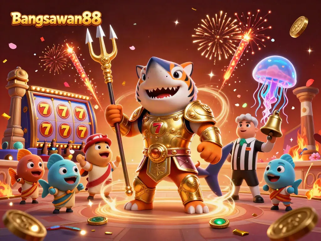 Bangsawan88 online casino showcases a dynamic scene with a gladiatorial tiger shark and vibrant slot elements.