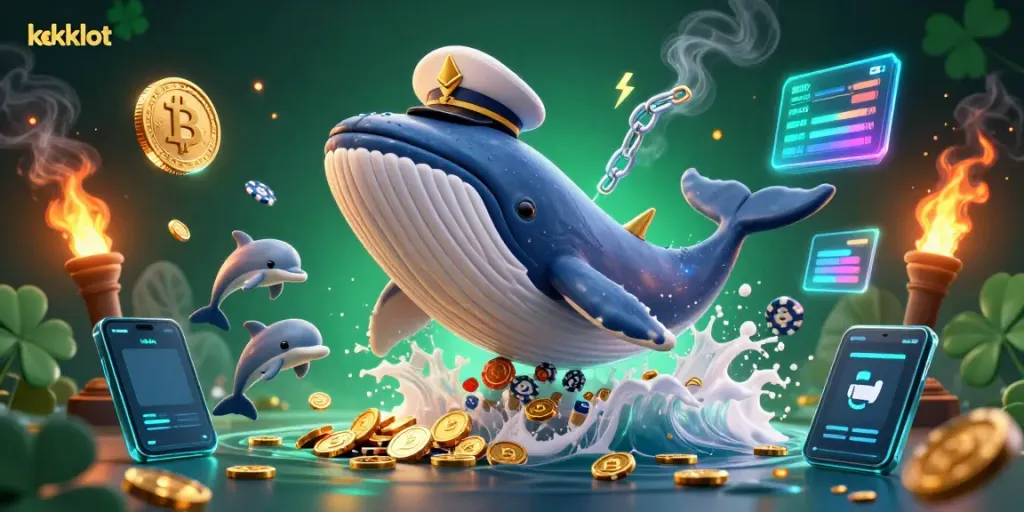 Memutar gulungan permainan kckslot dengan ikan paus raksasa dan delfin di lautan koin emas.