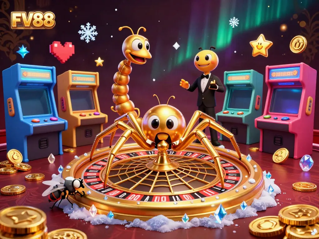 Engage in thrilling gameplay at FV88 with dynamic casino elements and vibrant 3D illustration.