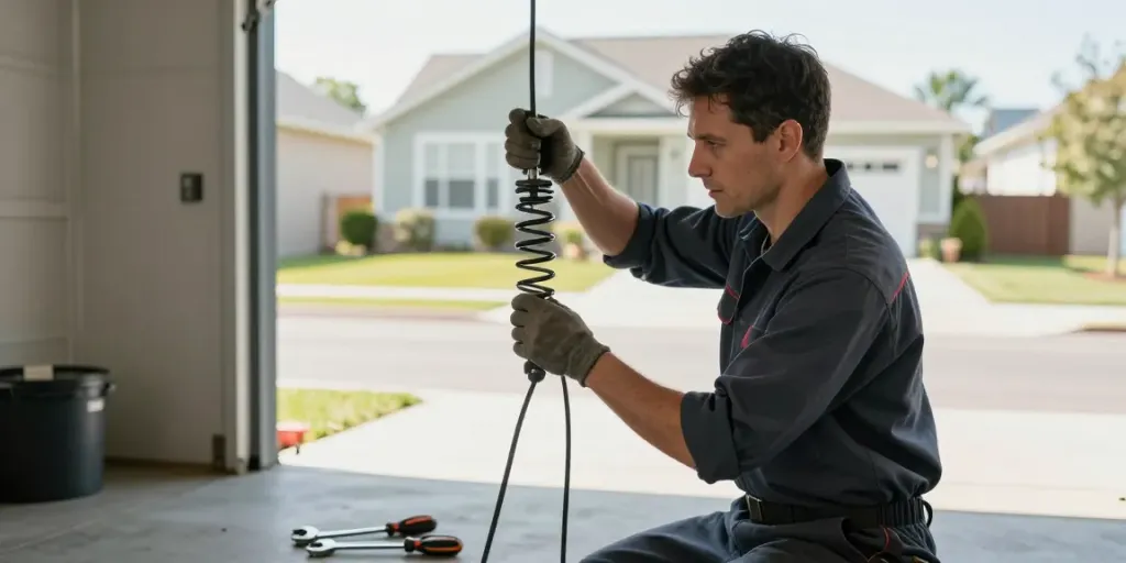 Expert garage door repairs in action, focusing on technician fixing springs and cables