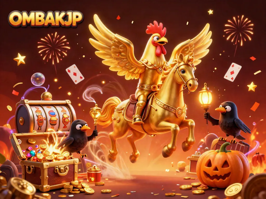 Experience excitement with OMBAKJP featuring a golden rooster and friends in a vibrant cinematic casino scene.