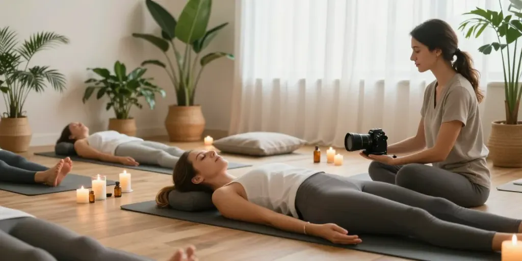 Woman engaging in meditation with an Italian sex instructor in a serene setting.