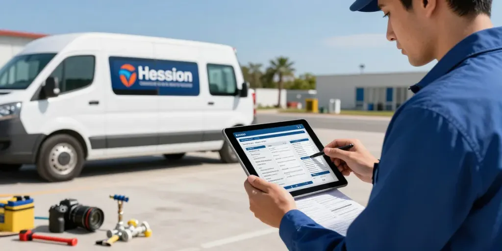 Plumbing Business Software in action at a job site with technician using tablet.