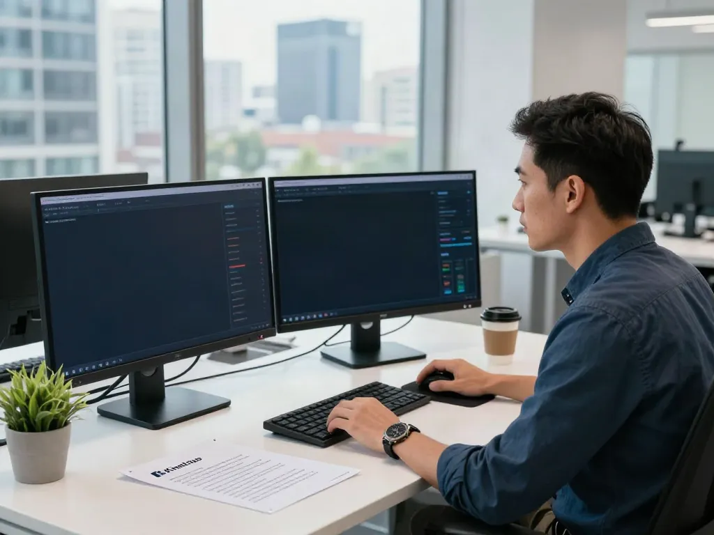 Kinetiq professional analyzing blockchain data in a modern office with dual monitors.