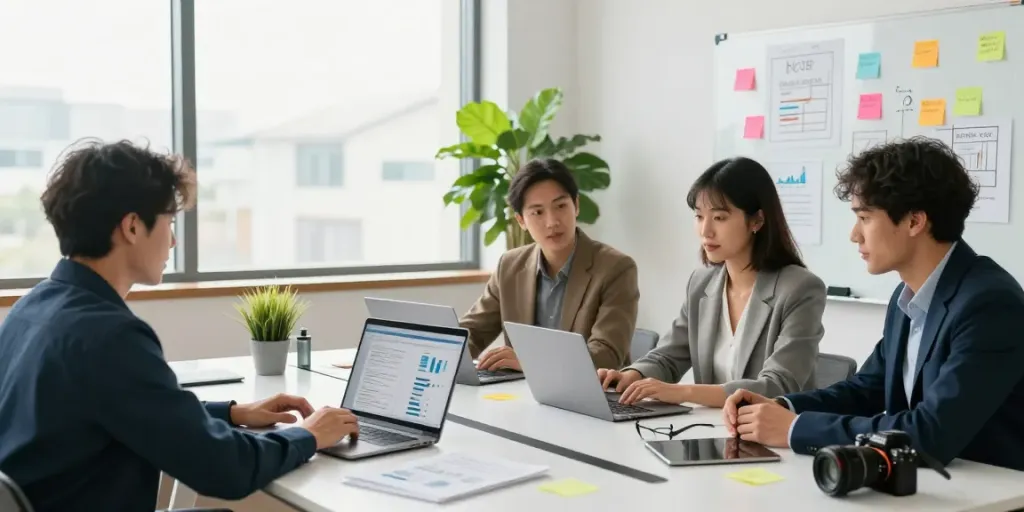 A team in a link building agency brainstorming strategies in a modern office.