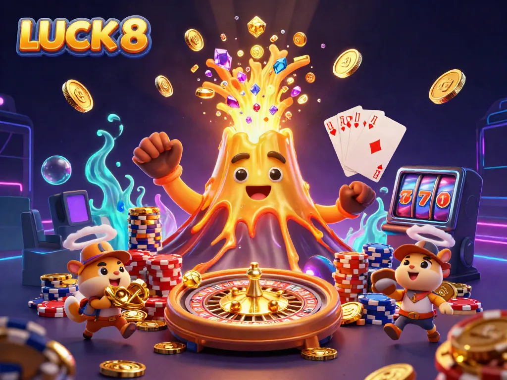 Engage with LUCK 8 as treasures spill from a golden volcano amidst vibrant casino elements.