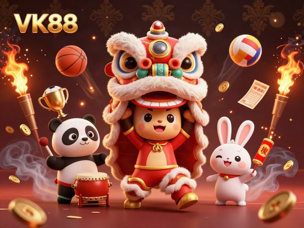 Engage with VK88 casino action featuring lively characters, vibrant decorations, and dynamic sports elements.