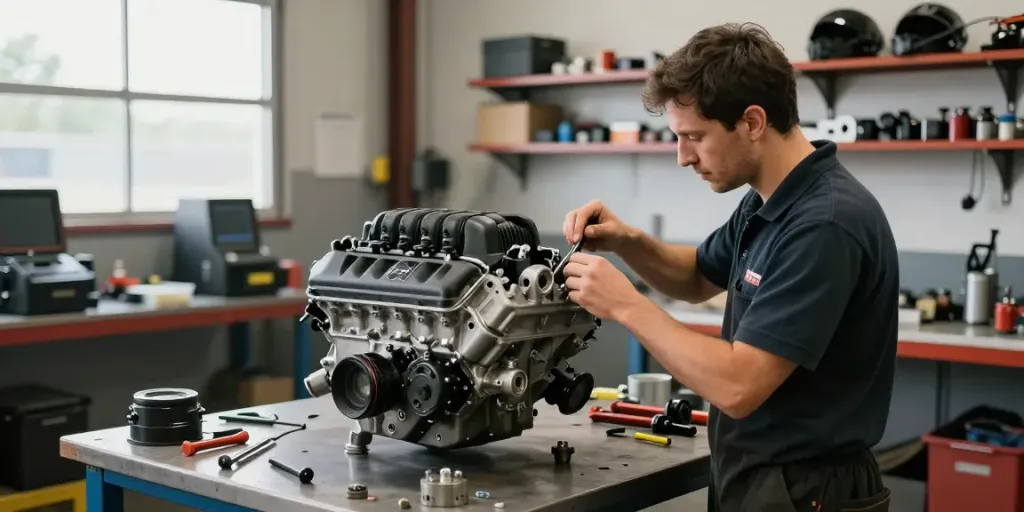 Hellcat motor for sale being inspected in a professional garage with tools and equipment.