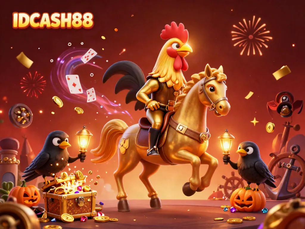Experience the thrilling world of IDCASH88 with a 3D golden rooster riding a spectral horse in a vibrant casino.
