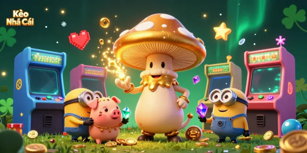 Kèo Nhà Cái showcases the golden wizard and truffle pig amidst colorful gaming elements.