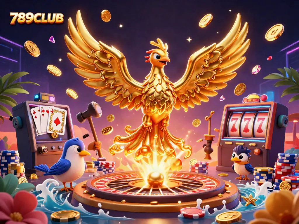 Winning big at 789CLUB with a golden phoenix and dazzling casino elements highlighting vibrant gameplay.