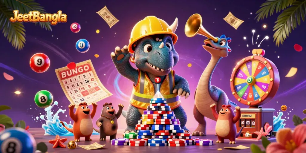 Experience the excitement of JeetBangla with animated characters celebrating casino games in a vibrant scene.