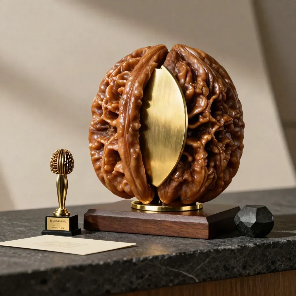 Walnut desk trophy with brass faceplate, miniature award and dark stone paperweight, tightly lit.